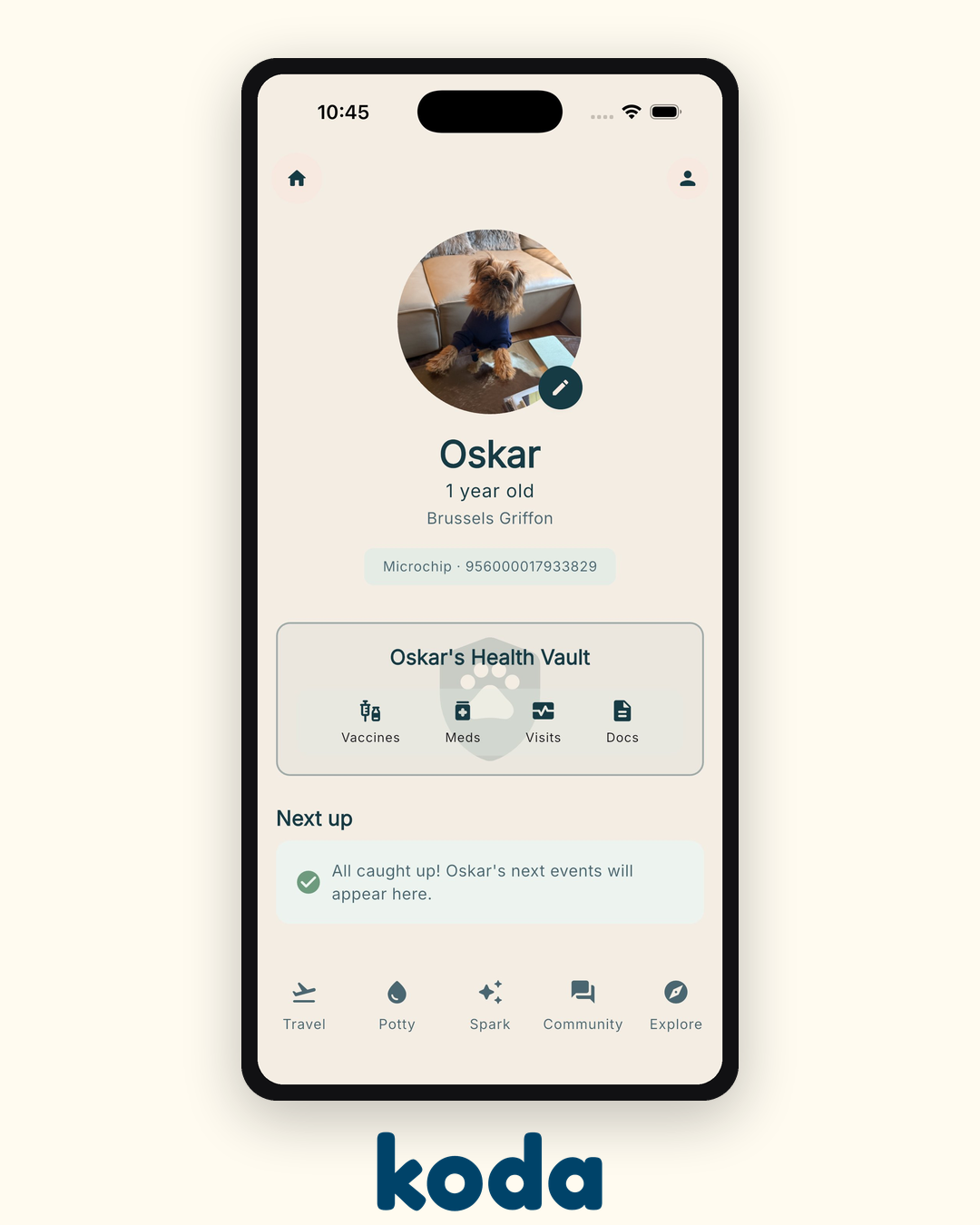 Koda's homepage showing a dog's profile and Health Vault