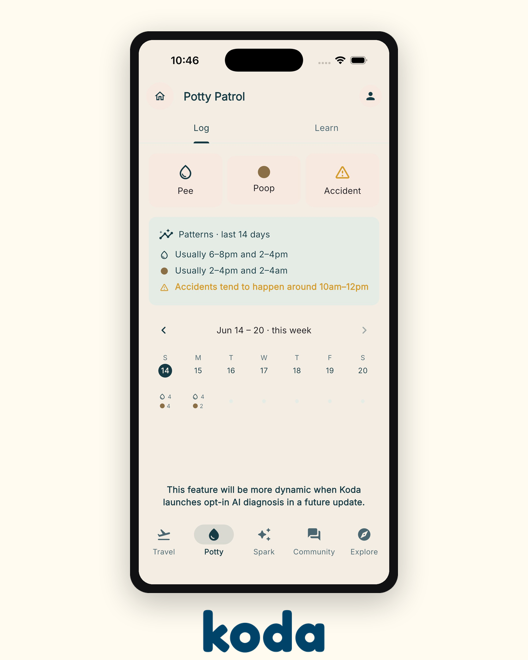 Koda's Potty Patrol screen with logging and patterns