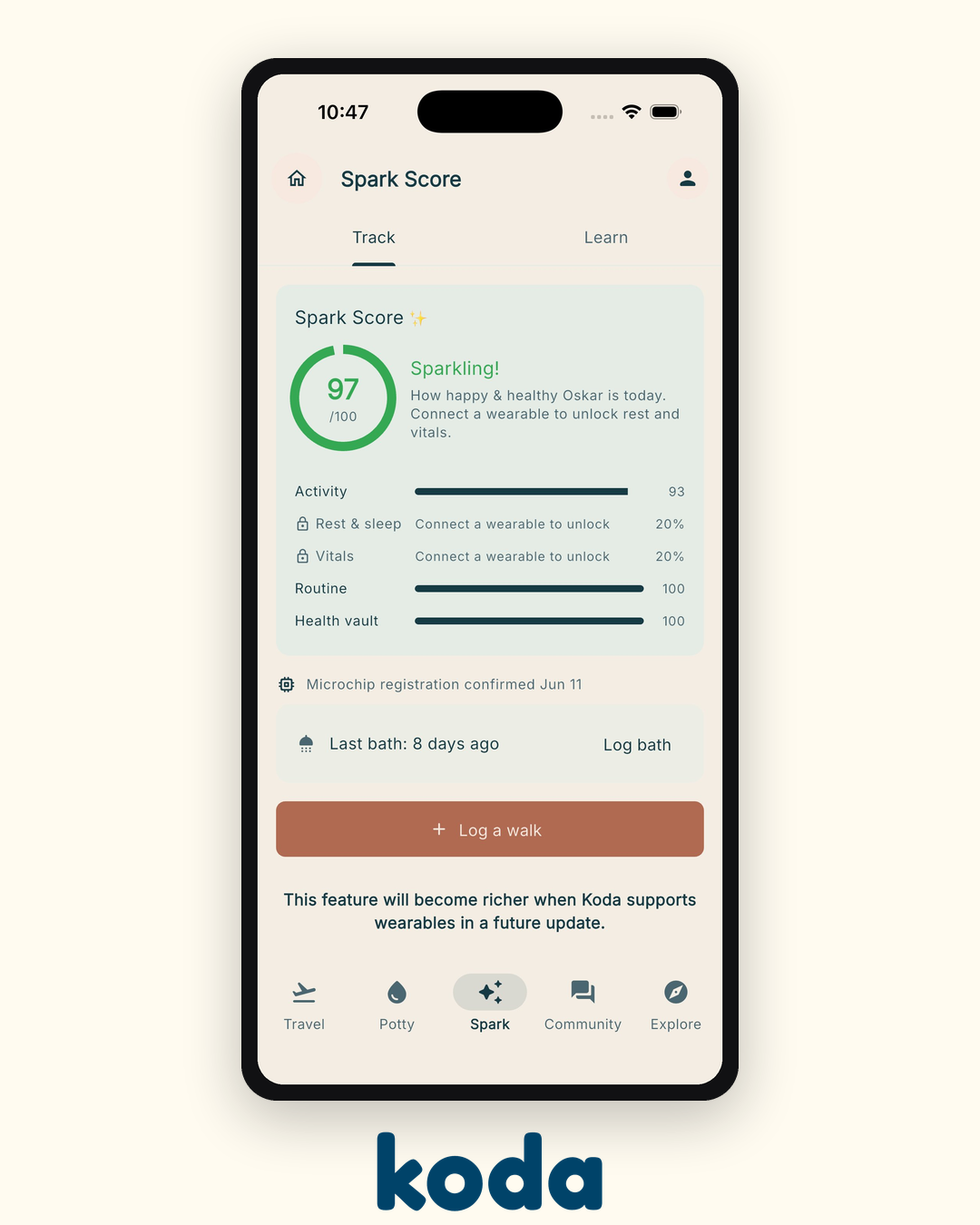 Koda's Spark Score screen showing activity tracking